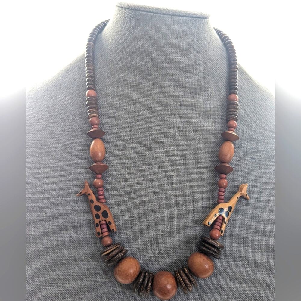 Vintage African Tribal Wood Beaded Giraffe Whimsy Ethnic Bohemian Style Necklace